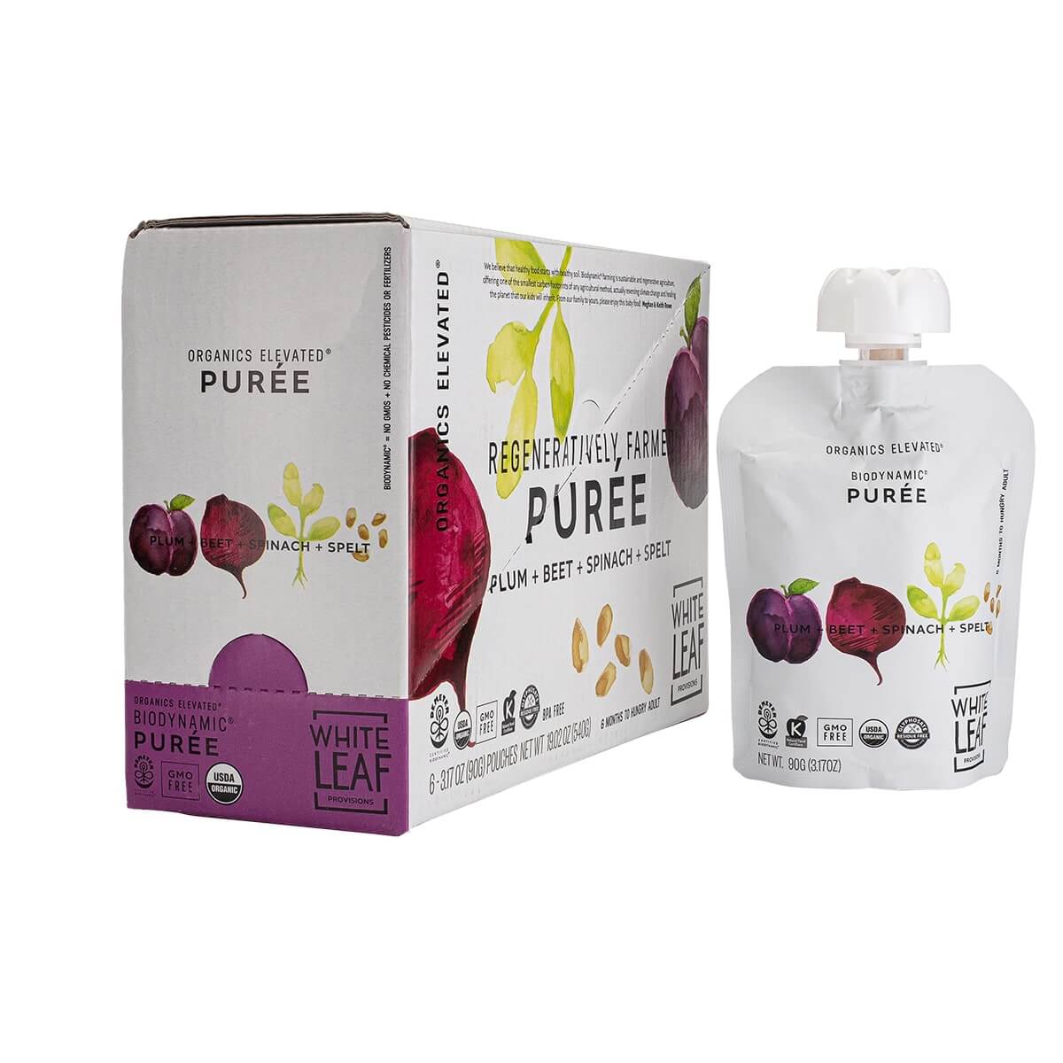Regeneratively Farmed Organic Baby Food Pouches with Plum + Beet + Spinach + Spelt Puree | White Leaf Provisions