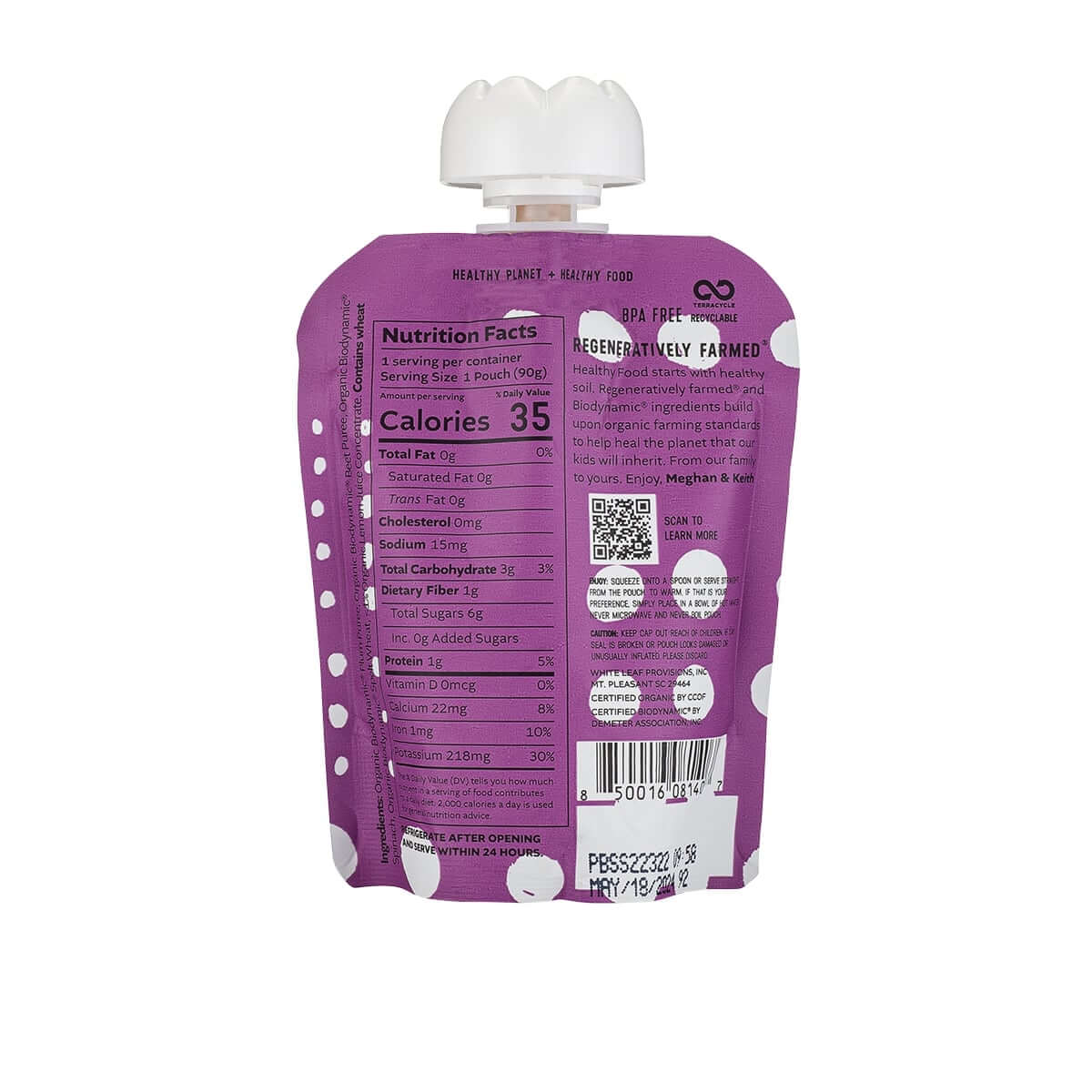 Nutrition Info for Organic Regeneratively Farmed Plum + Beet + Spinach + Spelt Baby Food Puree | White Leaf Provisions