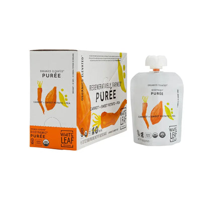 Pouches of Organic Regeneratively Farmed® Carrot + Pea + Sweet Potato Baby Food Puree