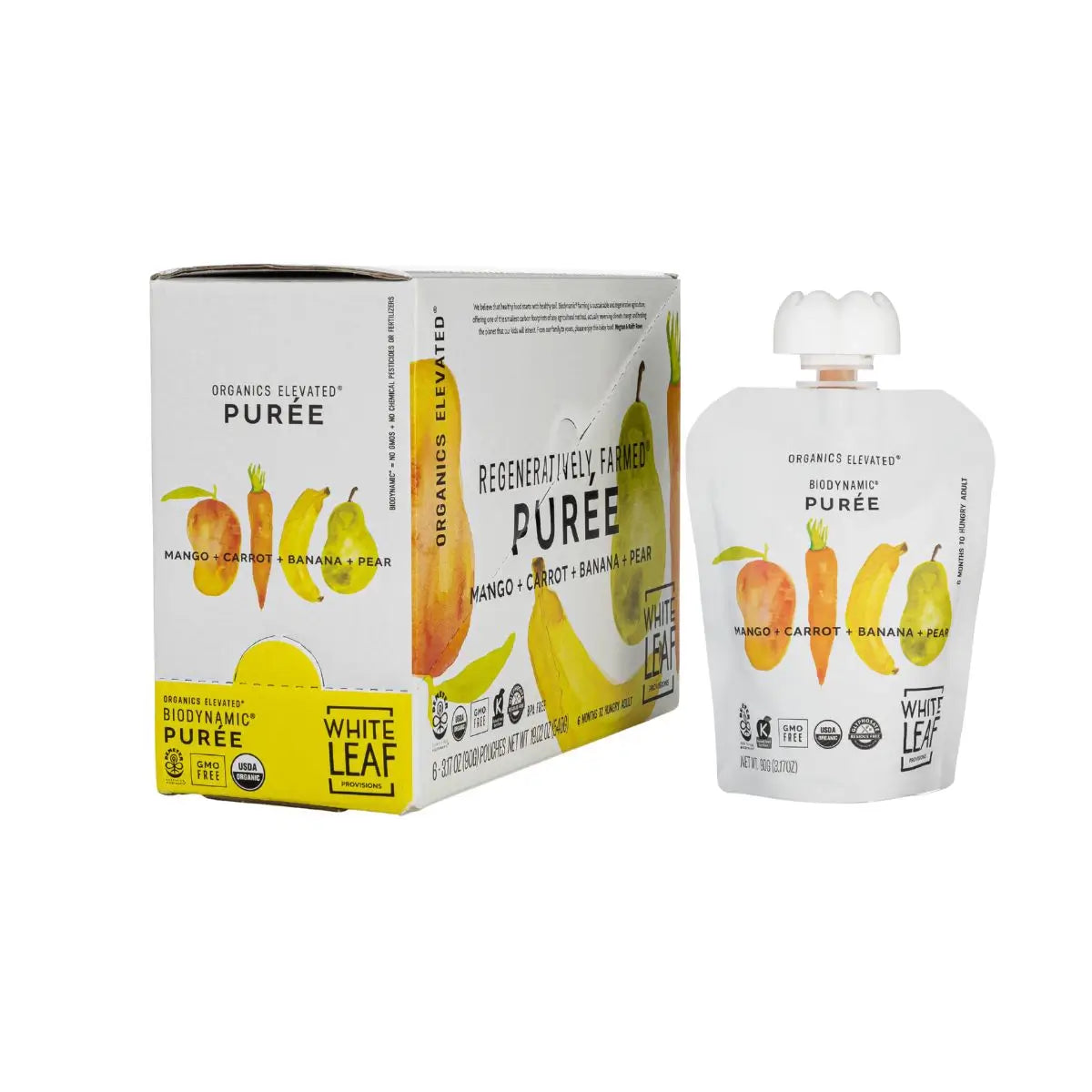 Box of Organic Regeneratively Farmed® Mango + Carrot + Banana + Pear Puree Pouch | White Leaf Provisions