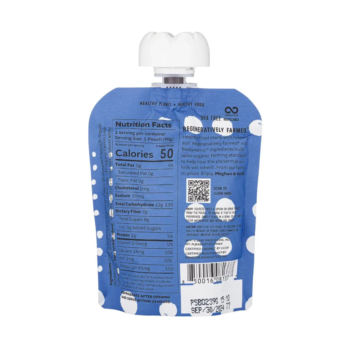 Nutrition Info for Natural Organic Regeneratively Farmed Pear + Spinach + Blueberry + Oat | White Leaf Provisions