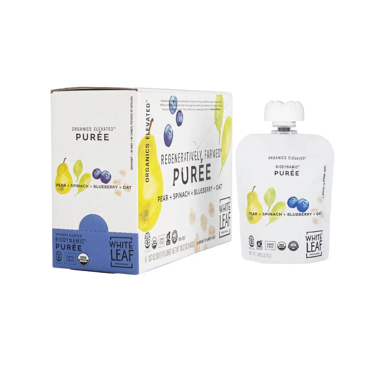Organic Regeneratively Farmed Pear + Spinach + Blueberry + Oat Natural Baby Food Pouch | White Leaf Provisions